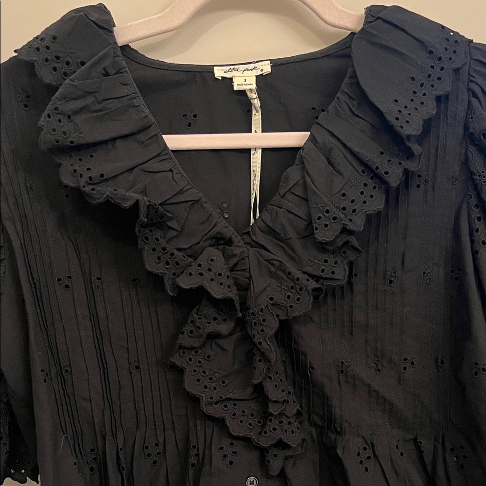 Ultra Pink Black Eyelet Ruffle V-Neck Blouse - Picture 4 of 7